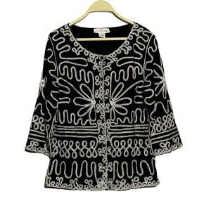 Once Again Blouse Women Size S Cardigan Embroidery Retro Floral Black Art Unique